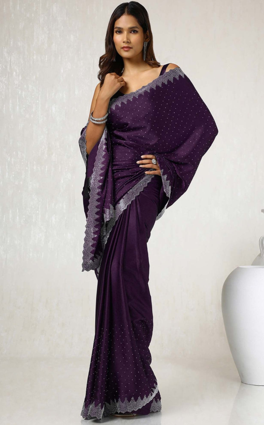 Siroski work saree with Siroski work Blouse saree Wrok Lace border SATIN Silk Saree