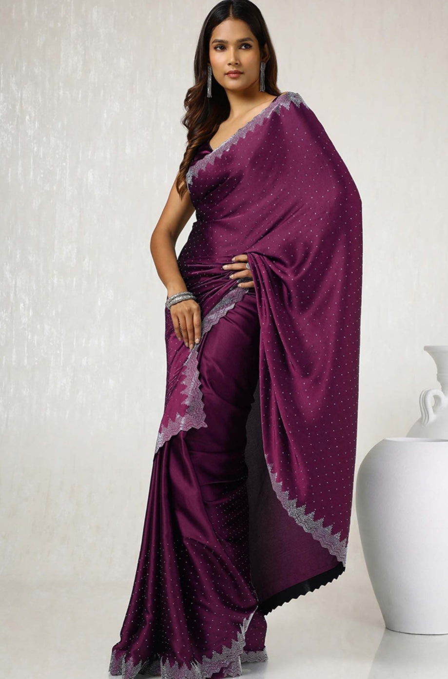 Siroski work saree with Siroski work Blouse saree Wrok Lace border SATIN Silk Saree