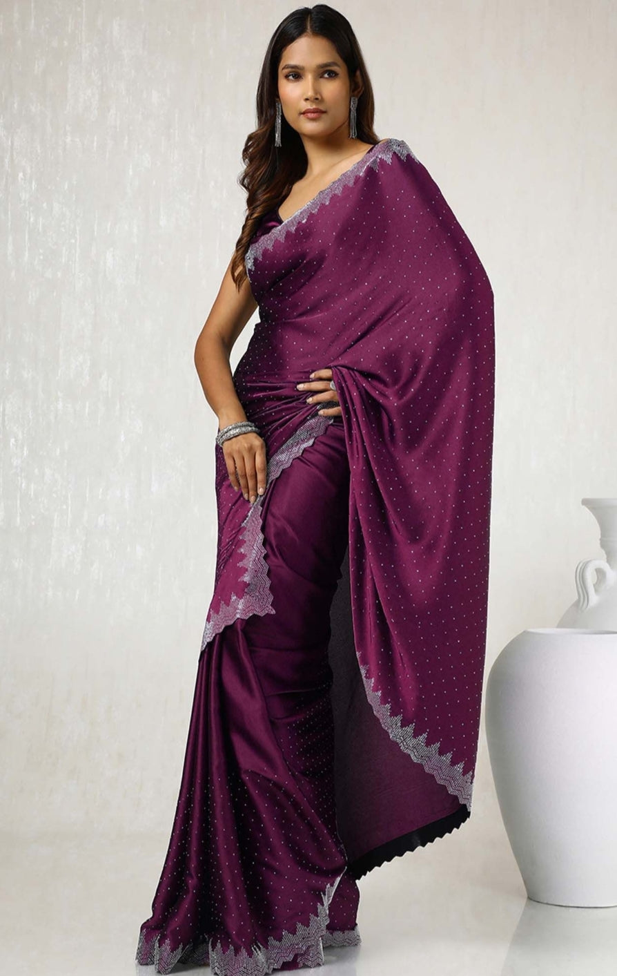 Siroski work saree with Siroski work Blouse saree Wrok Lace border SATIN Silk Saree