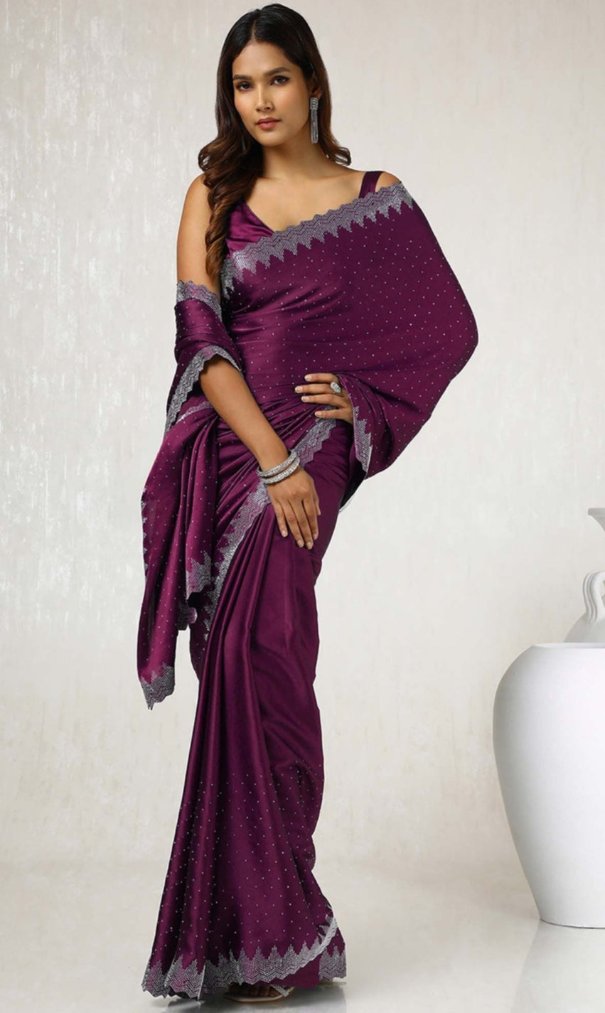Siroski work saree with Siroski work Blouse saree Wrok Lace border SATIN Silk Saree