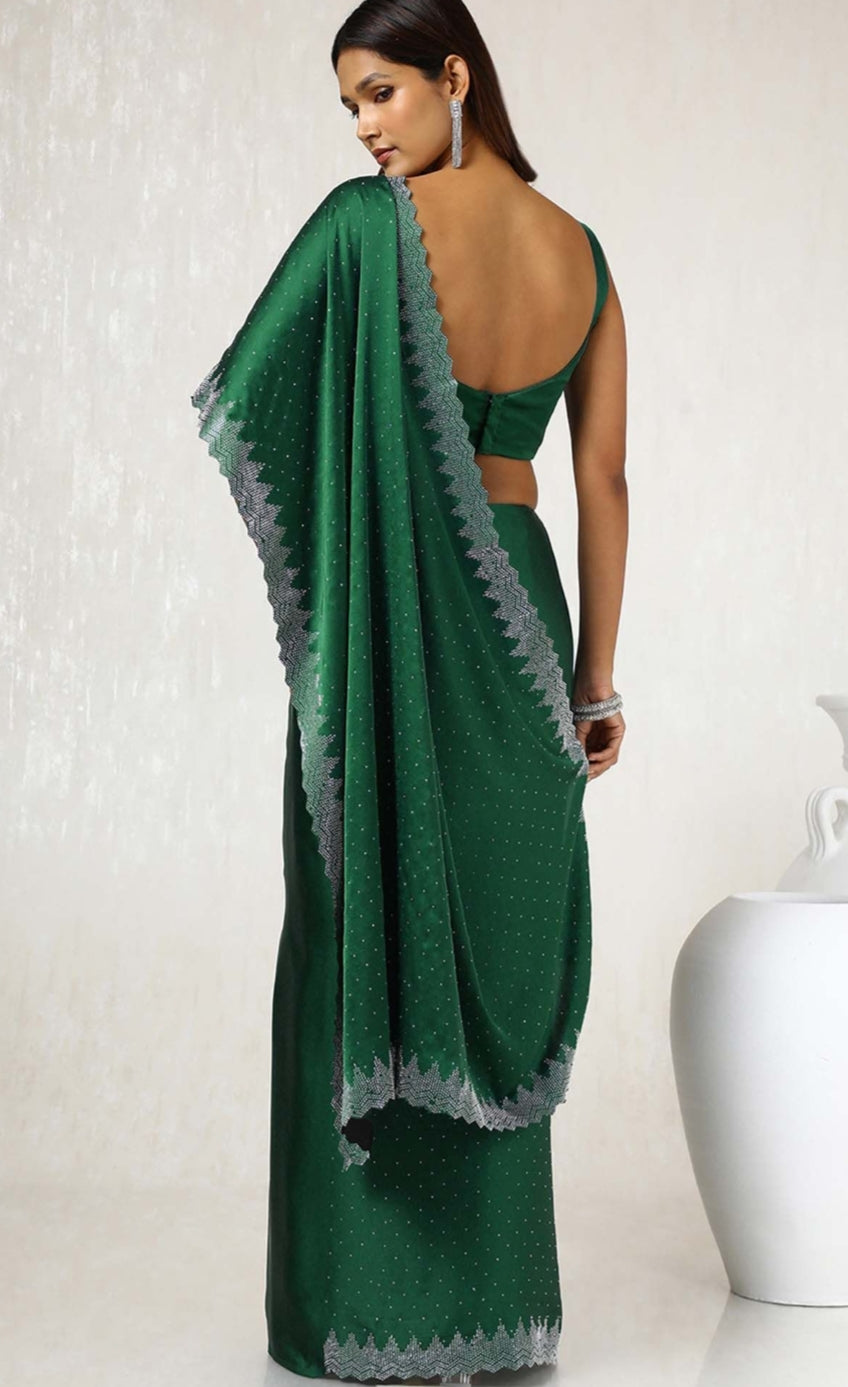 Siroski work saree with Siroski work Blouse saree Wrok Lace border SATIN Silk Saree