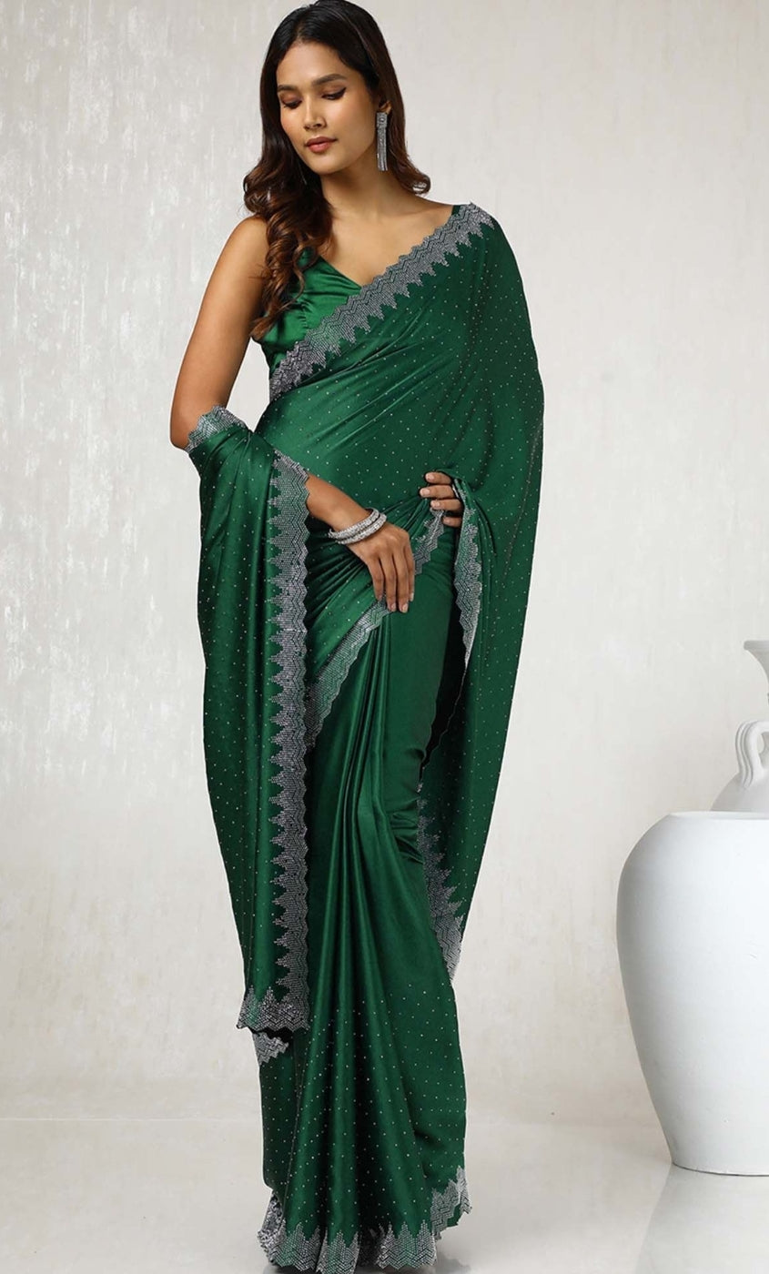 Siroski work saree with Siroski work Blouse saree Wrok Lace border SATIN Silk Saree