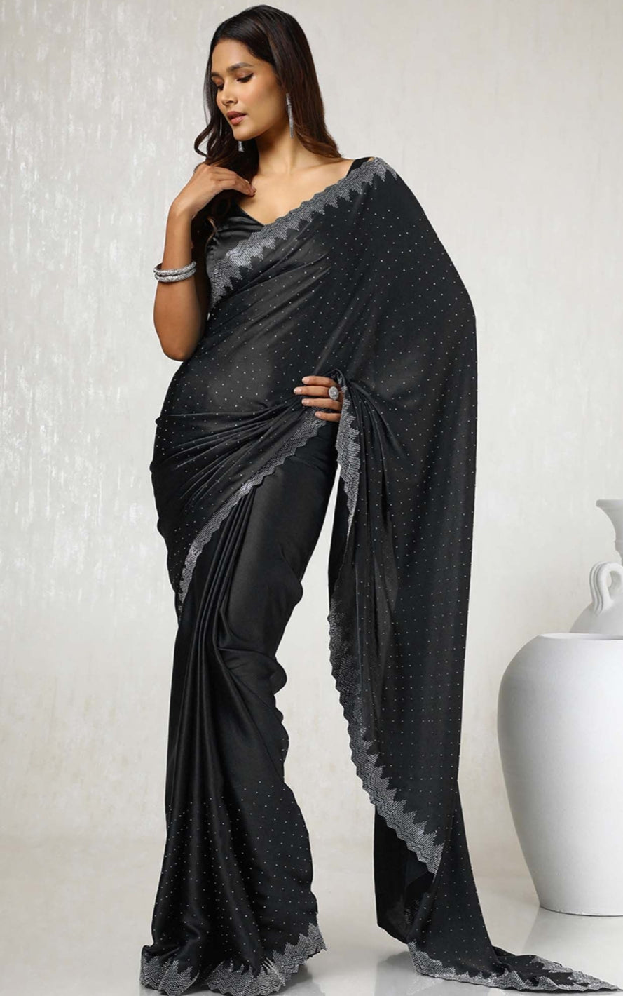 Siroski work saree with Siroski work Blouse saree Wrok Lace border SATIN Silk Saree