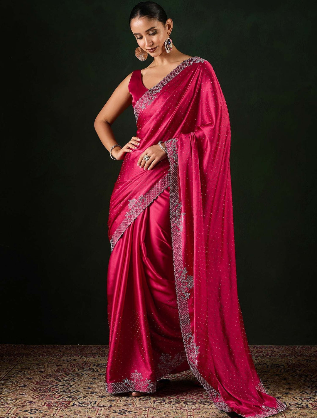 Women's Heavy Satin silk gajari Colors Siroski work Cut work Saree with Unstitched Blouse Piece