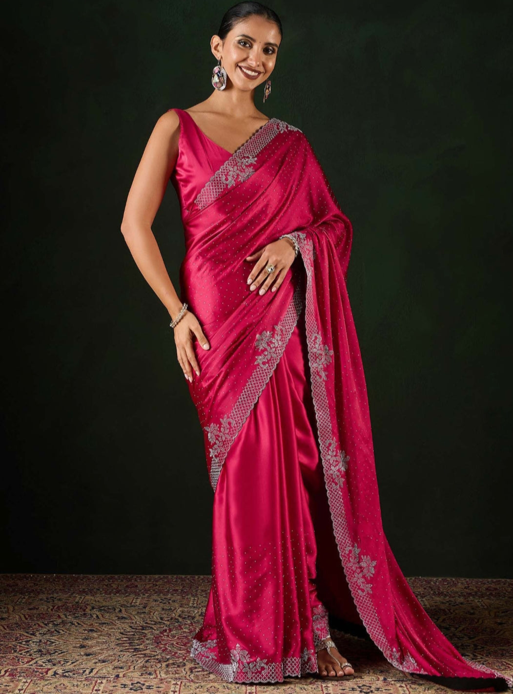 Women's Heavy Satin silk gajari Colors Siroski work Cut work Saree with Unstitched Blouse Piece