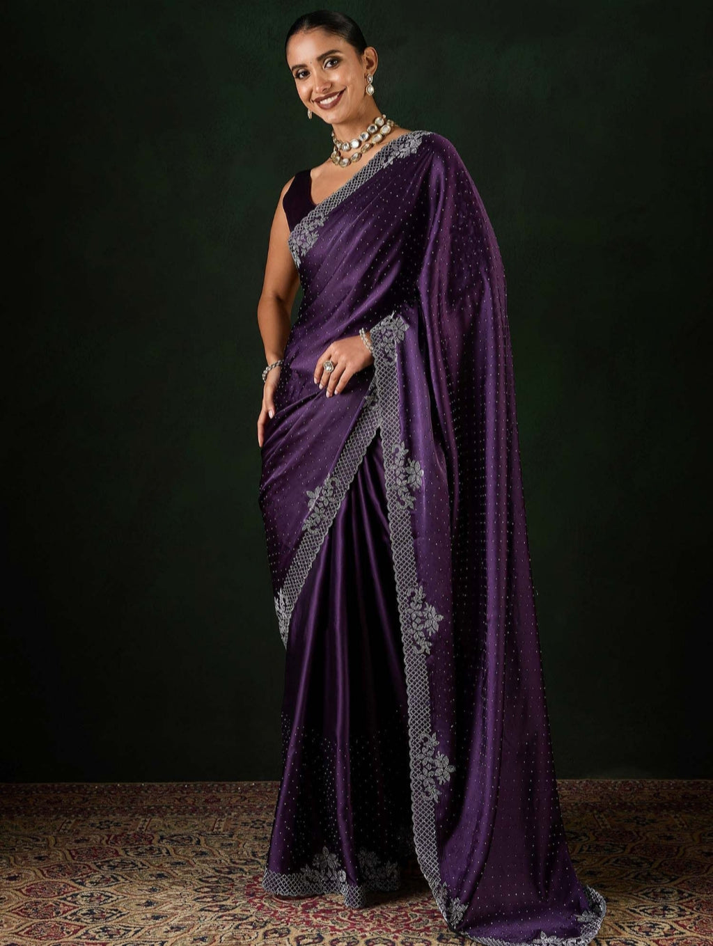 Women's Heavy Satin silk gajari Colors Siroski work Cut work Saree with Unstitched Blouse Piece