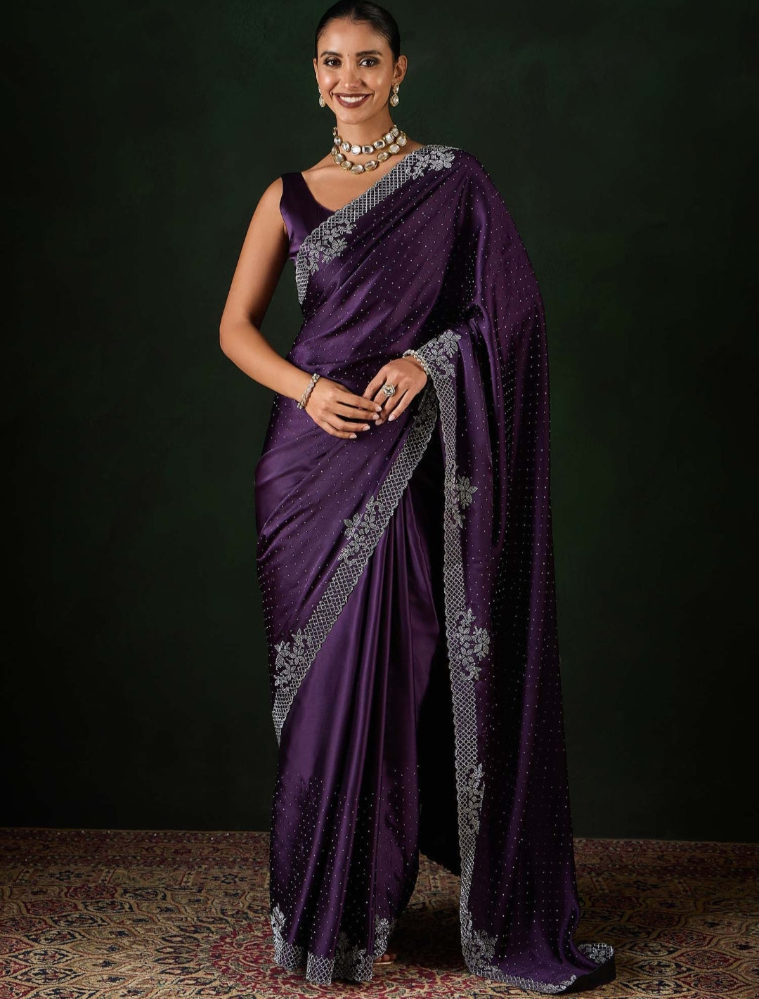 Women's Heavy Satin silk gajari Colors Siroski work Cut work Saree with Unstitched Blouse Piece