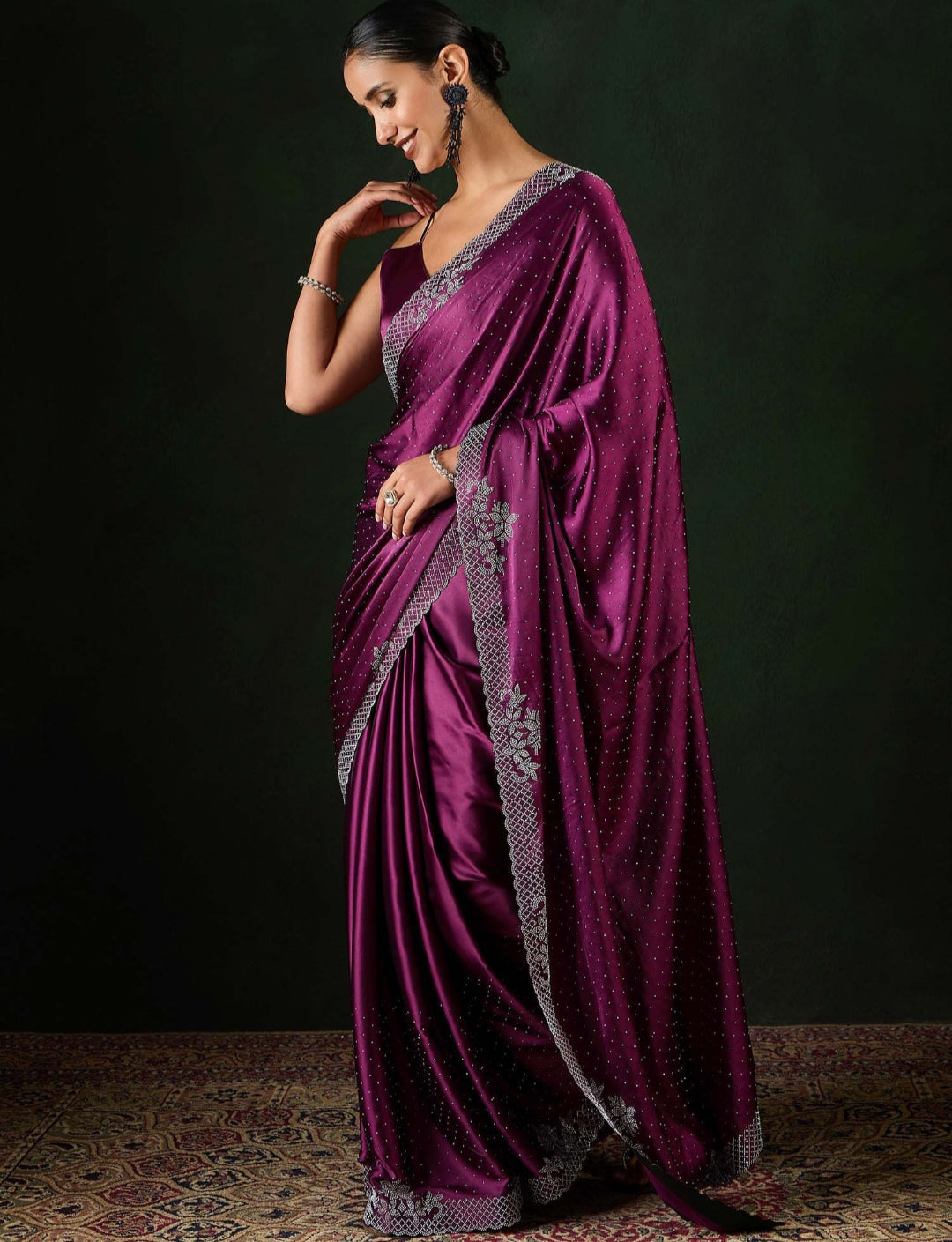 Women's Heavy Satin silk gajari Colors Siroski work Cut work Saree with Unstitched Blouse Piece