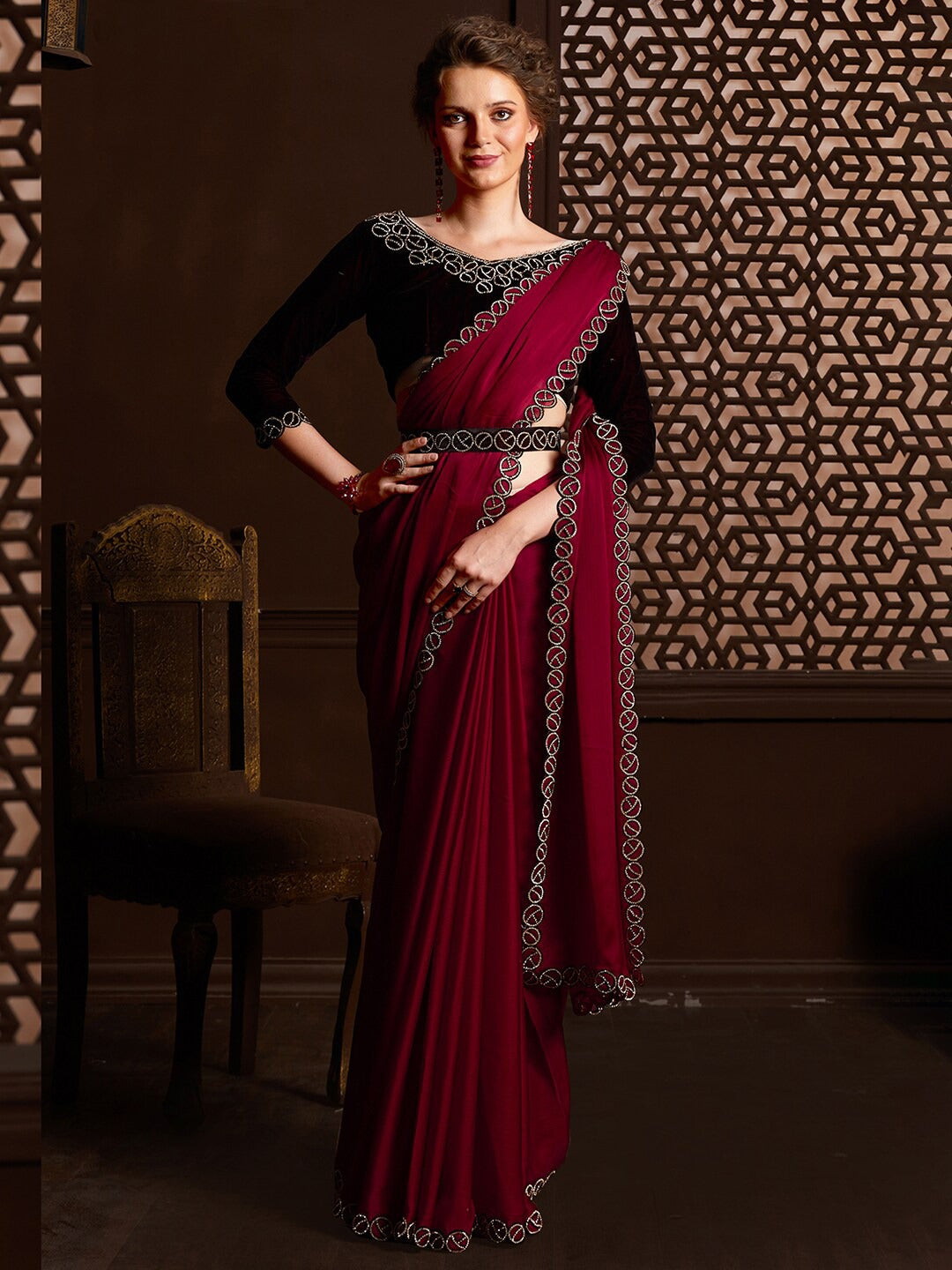 Women's Party-ReadyMaroon Colors satin Silk Saree with Siroski Work with Cut Work & Unstitched Mroon velvet Blouse