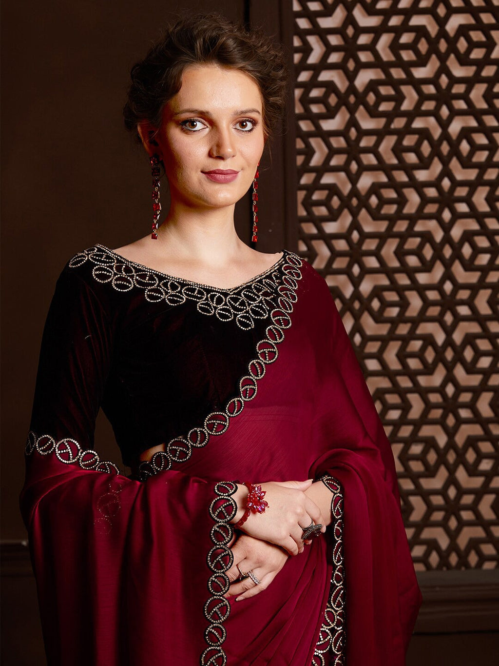Women's Party-ReadyMaroon Colors satin Silk Saree with Siroski Work with Cut Work & Unstitched Mroon velvet Blouse