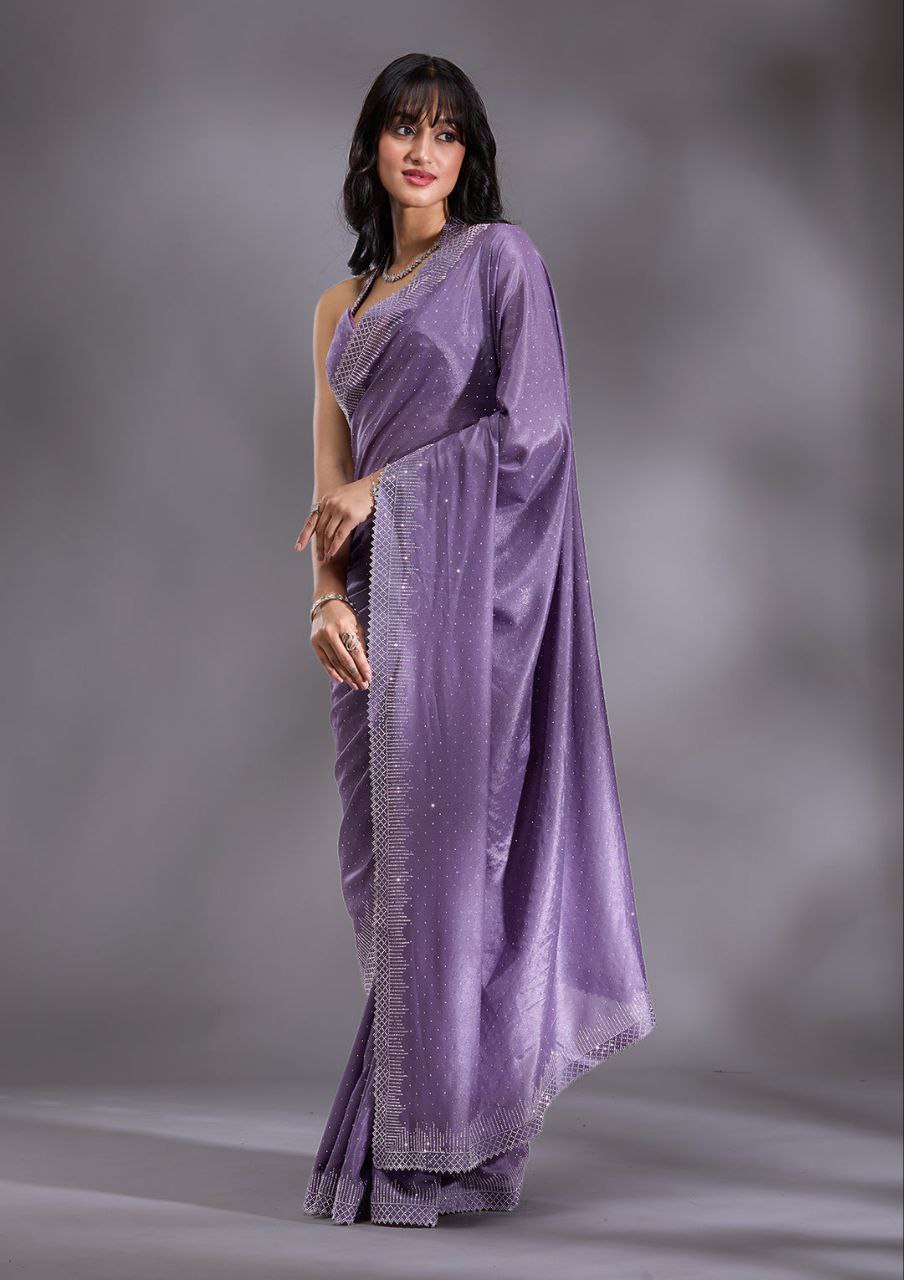 Women's Heavy Satin silk Lavender Colors Siroski work Cut work Saree with Unstitched Blouse Piece