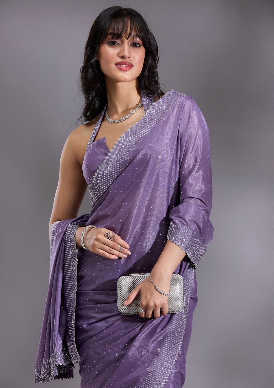 Women's Heavy Satin silk Lavender Colors Siroski work Cut work Saree with Unstitched Blouse Piece